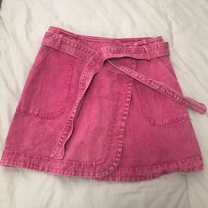 Pink Denim Wrap Around Skirt with Pockets and Matching Tie Belt